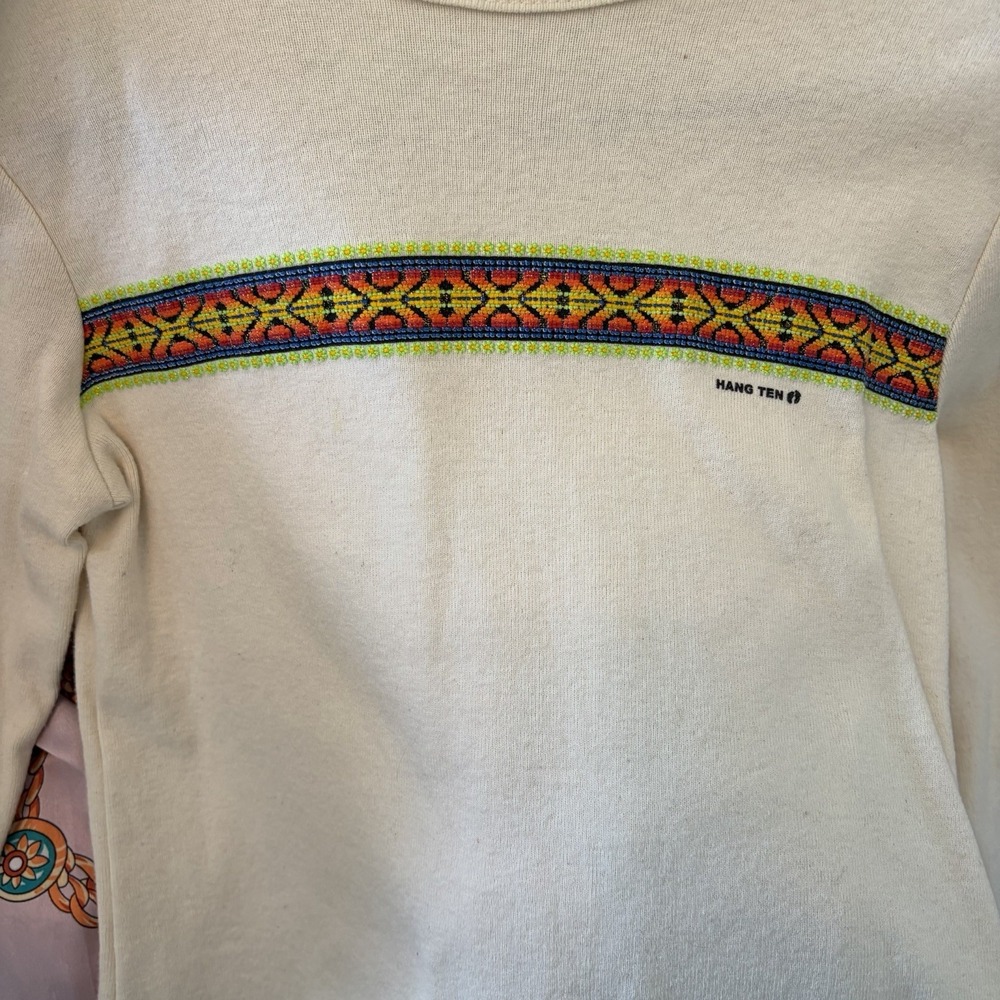 Vintage 90s Hang Ten Cropped Long Sleeve Shirt Surfer‎ Cream Geometric Stripe L - Picture 9 of 10